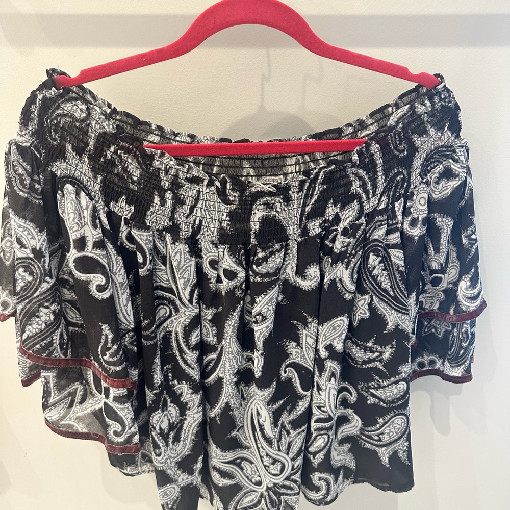 Loft Off The Shoulder Top with Short Double Layer Sleeve with Velvet Trim Detail
